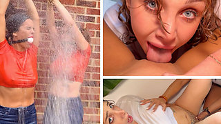 Wet and Bound. Kiki Daniels and Latina in Outdoor Suspension Bondage Ending with a Steamy Lesbian Tub Make Out