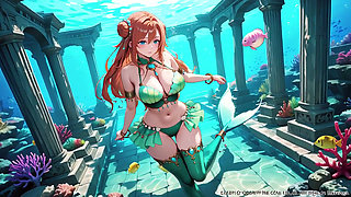 Red-haired Mermaid Princess's Private Tour in the Underwater Palace, Green Bikini hugging her curves, Heeled Boots on soft sand,