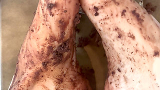 Destroying chocolate cake with my feet