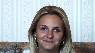 Two european blonde babes share one hard knob on couch