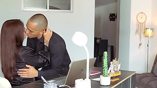 Hot Latina redhead secretary getting fucked on an office desk in ripped pantyhose