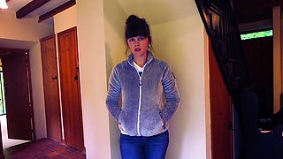 Amateur young brunette enjoys dildo on solo masturbation