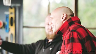 Charlie Forde MFM Blowjob In The Garage Workshop With Two Bald Guys