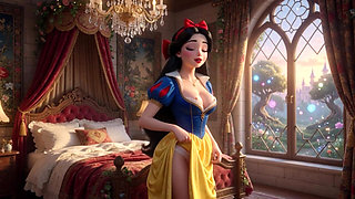 Snow White Passionate Night in Enchanted Castle Bedroom with Classic Dress Partially Open for Intense Pleasure