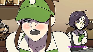 Chubby barista MILF with giant lactating boobs in a cartoon parody