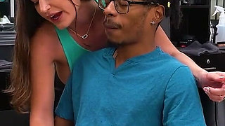 Busty Hairdresser Gives Oiled Interracial Handjob Then Takes Cum in Her Panties