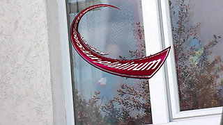 Naked in public. Taxi driver watches from car as woman in robe without panties and bra in stockings washes an apartment window