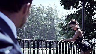 Busty curly brunette with big boobs fucks on couch