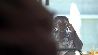 Facial Threesome: Brunette Wife and Pool Cleaner in Outdoor Interracial Encounter