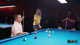 Horny Lesbian Spinner Deepthroats in the Pool Hall
