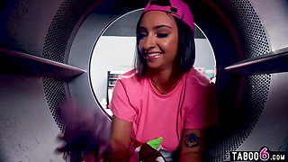 Laundromat three way with 2 buxom nymphs and a steamy transgender princess