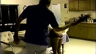 Sexy blonde busty MILF in stockings pleasing young lucky guy