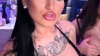 Busty curly brunette with big boobs fucks on couch