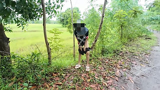 Thai Girl Walking Showing Along the Side of the Field Road in the Countryside Thai Outdoor Public