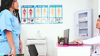 Busty black-haired nurse gives a deep oral job at her desk