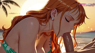 Nami Lay on the Hot Sand and Spread Her Legs as He Crawled Between Her Thighs ( AI Generated )