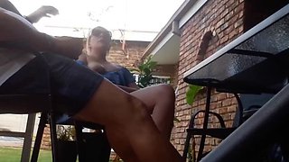 Stepmom fucking outdoors with dildo in tight shaved pussy