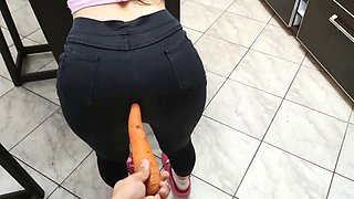 Young Unsatisfied Hot Wife Is Eager for a Big Cock and I told her to fuck her with the carrot in her ass