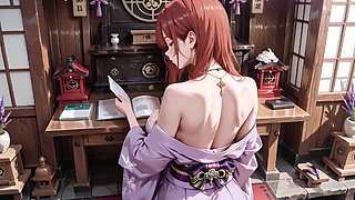 Red-haired Kimono Goddess! Kneeling Under the Sacred Torii Gate, She Adjusts Her Soaked Backless Outfit with a Shy Gaze.