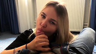 Blonde Babe Gives Sloppy Blowjob and Swallows Cum