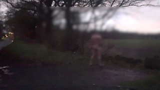 Naked and barefoot hiding from passing cars wanking and twerking