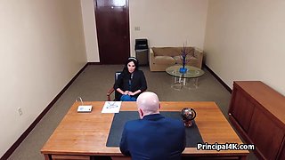 Mature teacher gags on bosses big penis at the office