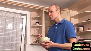 Pegging CFNM babes fuck guy ass in 3some with strapon