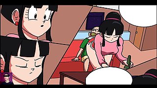 Chi-Chi from Dragon Ball Z rides Roshi's cock while Goku coaches