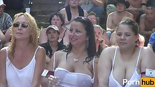 Real adventures sequence with big and small tits, mom dancing in a wet t-shirt at a nudist gathering