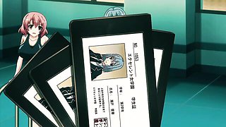 Four anime girls in black one-piece swimsuits on teal indoor pool deck