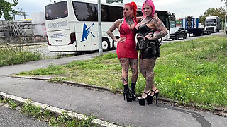 Two Horny Leather Tattoo Sluts Fuck Truck Driver at the Rest Area!