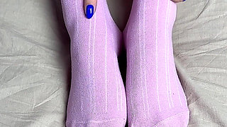 Pink Socks in Hands of Mistress with Blue Nails in Solo Video