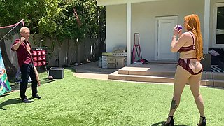 Big-booty redhead MILF plays ball with her stepson's huge white cock