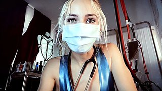 Femdom fetish blonde makes cuckold lick cumshot